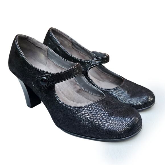MaryJane Pumps Aerosoles Role Through Size 8.5 Black Shimmer Reptile Scale Heels - Picture 2 of 12